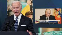 Russia's President Vladimir Putin is seen on a display in the background as U.S. President Joe Biden speaks about gas prices and Putin's Price Hike during remarks in the Eisenhower Executive Office Building's South Court Auditorium at the White House in Washington, U.S., June 22, 2022. REUTERS/Kevin Lamarque
