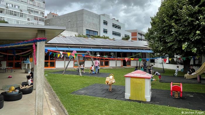 A photovoltaic system on the roof of a kindergarten in Lisbon, Portugal