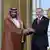 Turkish President Recep Tayyip Erdogan (right) and Saudi Crown Prince Mohammed bin Salman (left) shake hands during a welcome ceremony, in Ankara, Turkey, in June 2022.