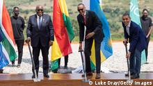KIGALI, RWANDA - JUNE 23: The president of Ghana, Akufo-Addo, the president of Rwanda, Paul Kagame, and the CEO of BioNTech, Prof. Ugur Sahin break the ground at a groundbreaking ceremony on June 23, 2022 in Kigali, Rwanda. BioNTech starts construction of its first mRNA vaccine manufacturing facility in Africa. This site marks the establishment of BioNTech’s pan-African, end-to-end manufacturing network for mRNA-based vaccines. (Photo by Luke Dray/Getty Images)