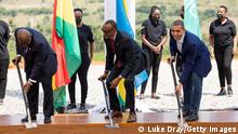 KIGALI, RWANDA - JUNE 23: The president of Ghana, Akufo-Addo, the president of Rwanda, Paul Kagame, and the CEO of BioNTech, Prof. Ugur Sahin break the ground at a groundbreaking ceremony on June 23, 2022 in Kigali, Rwanda. BioNTech starts construction of its first mRNA vaccine manufacturing facility in Africa. This site marks the establishment of BioNTech’s pan-African, end-to-end manufacturing network for mRNA-based vaccines. (Photo by Luke Dray/Getty Images)