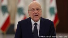 Lebanon's Prime Minister-designate Najib Mikati speaks after meeting with Lebanese President Michel Aoun and Lebanese Parliament Speaker Nabih Berri, at the presidential palace in Baabda Lebanon, June 23, 2022. REUTERS/Mohamed Azakir