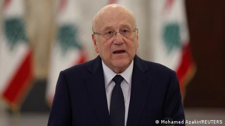 Lebanon's Prime Minister Najib Mikati speaks after meeting with President Michel Aoun