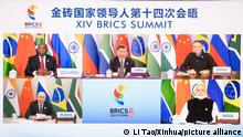 (220623) -- BEIJING, June 23, 2022 (Xinhua) -- Chinese President Xi Jinping hosts the 14th BRICS Summit via video link in Beijing, capital of China, June 23, 2022. Xi delivered remarks titled Fostering High-quality Partnership and Embarking on a New Journey of BRICS Cooperation at the summit. South African President Cyril Ramaphosa, Brazilian President Jair Bolsonaro, Russian President Vladimir Putin and Indian Prime Minister Narendra Modi attended the summit. (Xinhua/Li Tao)