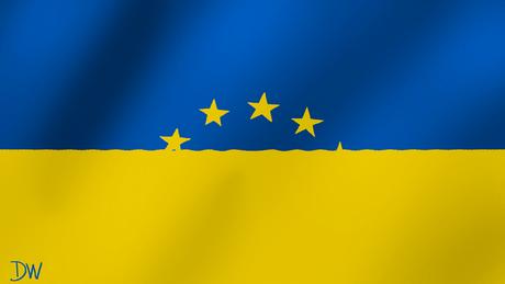 Карикатура - флаг Украины: его голубой верх напоминает половину флага ЕС или неба, на котором в форме солнца поднимаются звезды с флага ЕС.