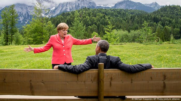 Ангела Меркел и Барак Обама по време на предишната среща на Г-7 в Елмау, Бавария.