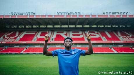 Taiwo Awoniyi at his Nottingham Forest unveiling in June 2022