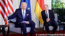 German Chancellor Olaf Scholz meets U.S. President Joe Biden on the day of G7 leaders summit at Bavaria's Schloss Elmau castle, near Garmisch-Partenkirchen, Germany June 26, 2022. REUTERS/Leonhard Foeger/Pool
