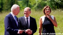 U.S. President Joe Biden is officially welcomed by German Chancellor Olaf Scholz and Britta Ernst, Minister of Education, Youth of the Federal State of Brandenburg, to the G7 Summit at Bavaria's Schloss Elmau castle, near Garmisch-Partenkirchen, Germany, June 26, 2022. Susan Walsh/Pool via REUTERS
