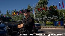 A police officer stand guard outside the NATO Summit building ahead of the summit in Madrid, Spain, Monday, June 27, 2022. (AP Photo/Manu Fernandez)