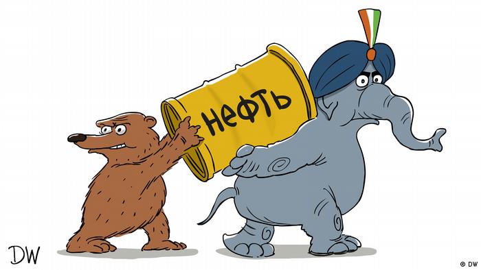 Российский медведь передает индийскому слону баррель нефти - карикатура Сергея Елкина