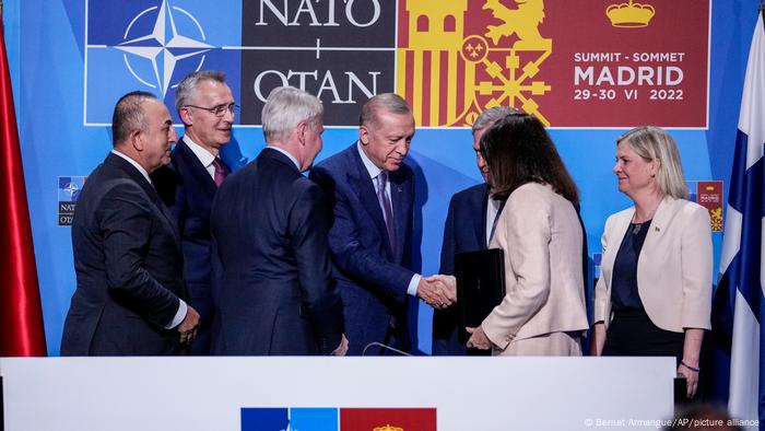 Президент Турции Реджеп Тайип Эрдоган пожимает руку главе МИД Швеции Анн Линде в преддверии самиита НАТО в Мадриде