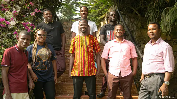 The investigative team The Fourth Estate stand outside their offices in Accra.