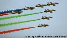 (220308) -- RIYADH, March 8, 2022 (Xinhua) -- Aircraft of the Al Fursan aerobatic team perform during the first World Defense Show in Riyadh, Saudi Arabia, on March 8, 2022. (Wang Haizhou/Xinhua