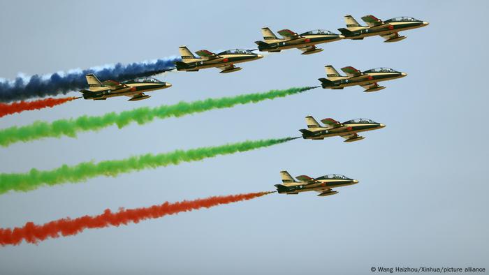 Aircraft of the Al Fursan aerobatic team perform during the first World Defense Show in Riyadh, Saudi Arabia, on March 8, 2022..