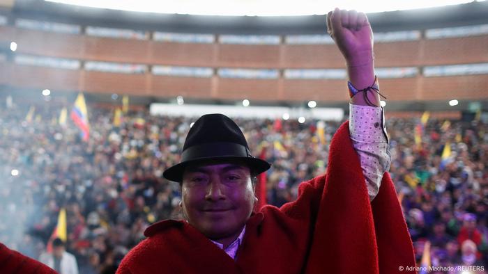 Ecuador | Native leader Leonidas Iza in front of fans in Quito Ecuador | Native leader Leonidas Iza in front of fans in Quito