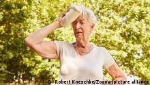 Seniorin mit Schwindel und Kreislaufproblemen auf einem Spaziergang im Sommer im Park || Modellfreigabe vorhanden
