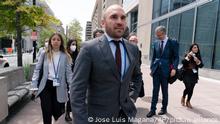 Argentina's Economy Minister Martin Guzman walks outside of the International Monetary Fund (IMF) building during the World Bank/IMF Spring Meetings in Washington, Thursday, April 21, 2022. (AP Photo/Jose Luis Magana)