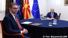  Treffen zwischen mazedonischer Premierminister Dimitar Kovacevski und Oppositionsführer Hristijan Mickoski. Skopje, 03.07.2022 Petr Stojanovski 