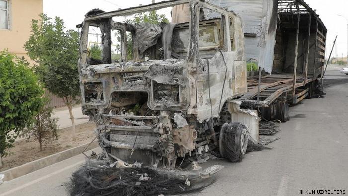 A view shows a truck which was burnt during protests in Nukus, capital of the northwestern Karakalpakstan region, Uzbekistan