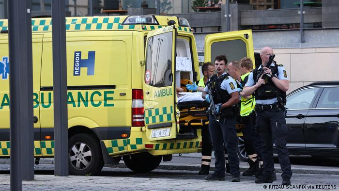 An ambulance and armed police stand outside Field's shopping centre in Copenhagen, Denmark, July 3, 2022