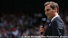 3rd July 2022, All England Lawn Tennis and Croquet Club, London, England; Wimbledon Tennis tournament; Roger Federer speaks on the microphone at centre court for the 100 year celebration