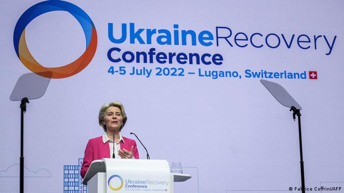 President of the European Commission Ursula Von der Leyen delivers a speech at the start of a two-day International conference on reconstruction of Ukraine