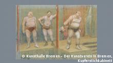 Henri Gabriel Ibels, Drei Ringer auf einer Bühne, ca. 1892/93
Farbige Kreide auf blaugrünem Papier, 32,4 x 42,1 cm
Kunsthalle Bremen – Der Kunstverein in Bremen, Kupferstichkabinett
