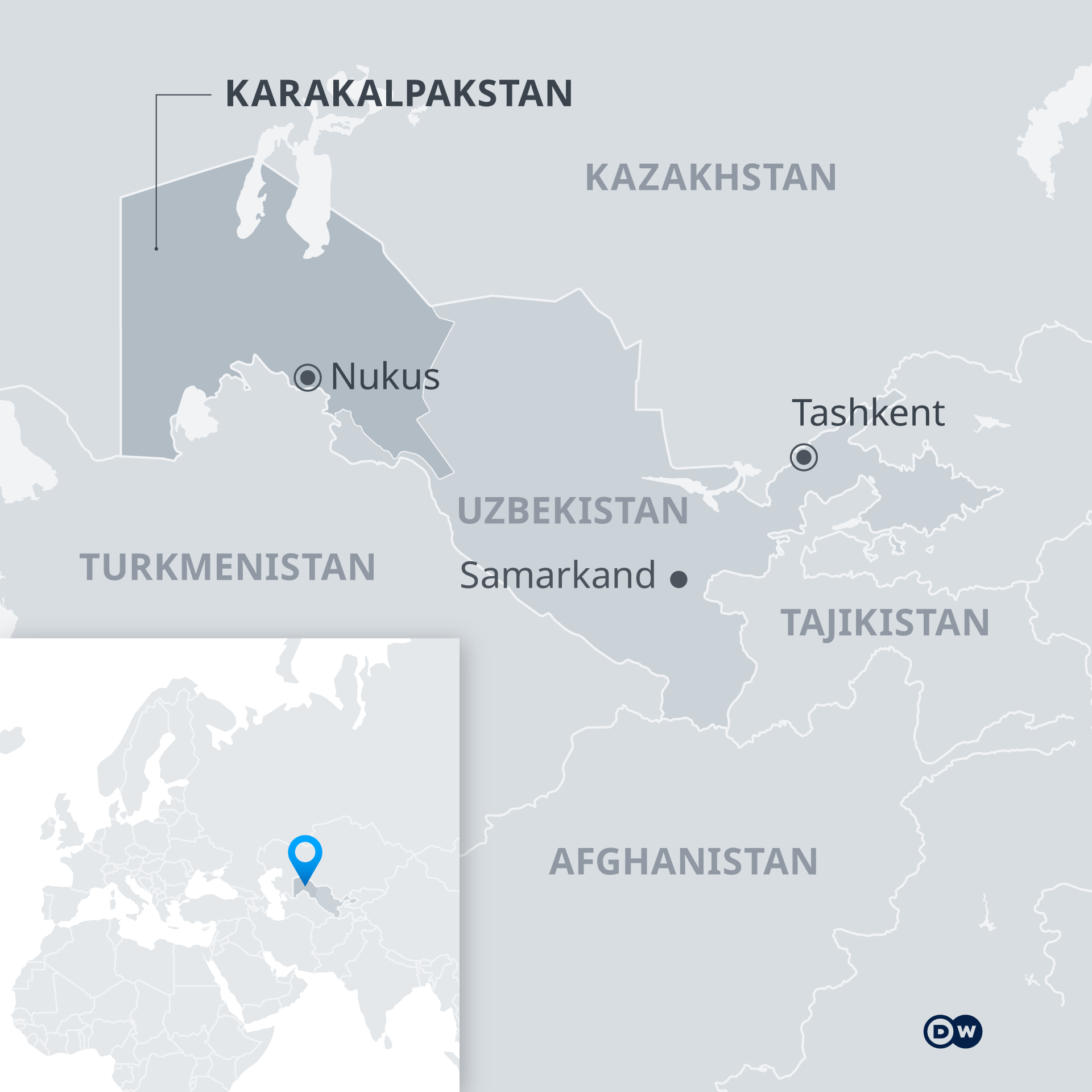 Map: position of Karakalpakstan in Eurasia, close-up in relation to the rest of Uzbekistan