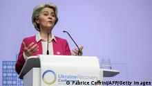 04.07.2022 *** President of the European Commission Ursula Von der Leyen delivers a speech at the start of a two-day International conference on reconstruction of Ukraine, in Lugano on July 4, 2022. - Rebuilding Ukraine is the common task of the whole democratic world, Ukrainian President Volodymyr Zelensky said, insisting the recovery of his war-torn country would serve world peace. (Photo by Fabrice COFFRINI / AFP) (Photo by FABRICE COFFRINI/AFP via Getty Images)