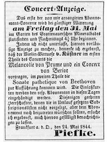 Johann Gottfried Piefke - Anzeige für ein Konzert, das Piefke 1844 in Frankfurt (Oder) ausrichtete