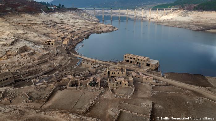 Parts of the old village of Aceredo, submerged three decades ago when a hydropower dam flooded the valley, have now emerged due to drought at the Lindoso reservoir