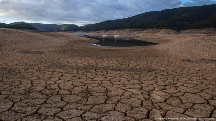 Low water levels at a reservoir in drought-stricken Entrepenas near Sacedon in Spain