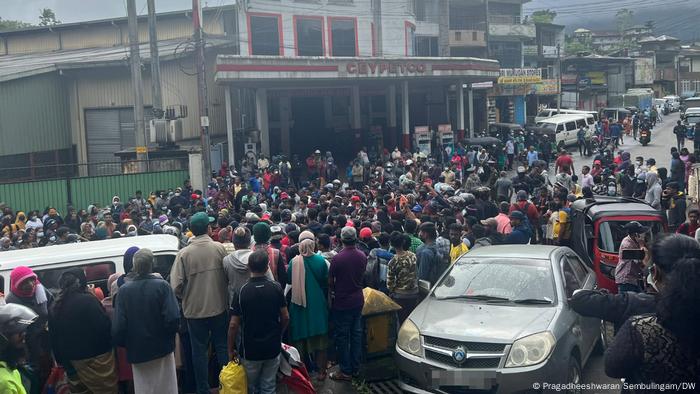 Huge crowds of people waiting for fuel outside a fuel station in Hatton, a town in Nuwara Eliya District, Central Province, Sri Lanka