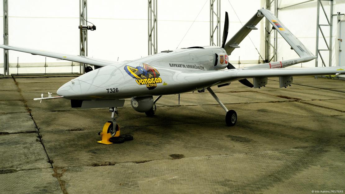 A Turkish-made Bayraktar TB2 combat drone donated to Ukraine is seen during a presentation in Lithuania.