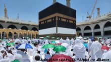 July 1, 2022, Mecca, Mecca, Saudi Arabia: Muslim pilgrims attend Friday prayer around the Kaaba, Islam's holiest shrine, at the Grand mosque in the holy Saudi city of Mecca, during annual Hajj pilgrimage on July 1, 2022. Annual Saudi Arabia welcomed its first batch of hajj pilgrims since before the coronavirus pandemic, which prompted authorities to sharply restrict the annual ritual. The Hajj, largest annual pilgrimage in the world, is the fifth pillar of Islam, a religious duty that must be carried out at least once in the lifetime of every able-bodied Muslim who can afford to do so (Credit Image: © Ashraf Amra/APA Images via ZUMA Press Wire