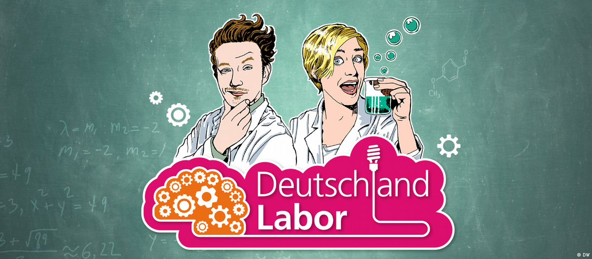 Banner zum Kurs Deutschlandlabor, auf dem das Logo des Formats sowie eine Zeichnung des Moderatorenteams abgebildet sind. (Quelle: DW)