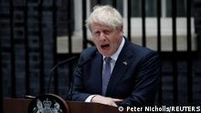 British Prime Minister Boris Johnson makes a statement at Downing Street in London, Britain, July 7, 2022. REUTERS/Peter Nicholls