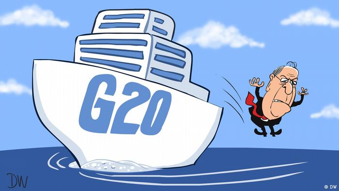 Карикатура - министр иностранных дел России Сергей Лавров прыгает в море с корабля G20.