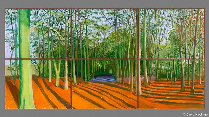 Woldgate Woods, 6 & 9 November 2006 von David Hockney zeigt einen Blick in einen Wald mit orangefarbenem Boden. 