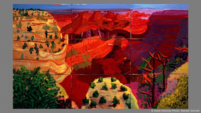 Das Gemälde 9 CANVAS STUDY OF THE GRAND CANYON 1998 von David Hockney zeigt den Grand Canyon in knalligem Rot. 