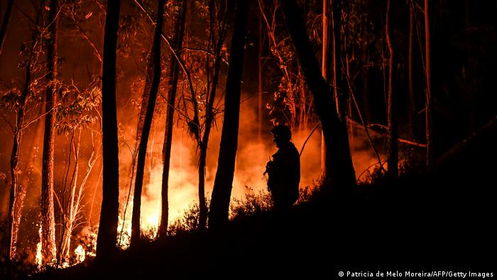 A silhouette of a firefighter standing in the forest is pictured during a wildfire at Casais do Vento in Alvaiazere