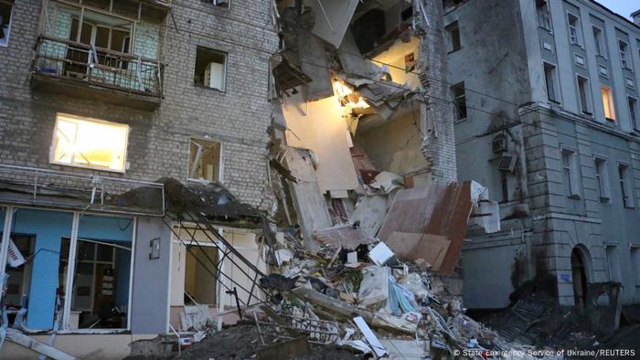 View of the residential buildings damaged by a missile strike, amid Russia's invasion of Ukraine, in Kharkiv, Ukraine.