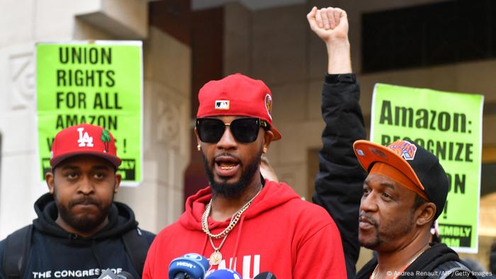 A picture of Christian Smalls as he speaks to fellow Amazon wortkers following the successful vote for the unionization of the Amazon Staten Island warehouse in New York.