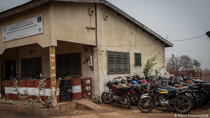 Dozens of seized motorbikes parked outside the Beninese gendarmerie headquarters in Porga