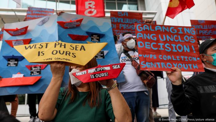 Activists in the Philippines protesting outside the Chinese consulate in Makati on the sixth anniversary of the South China Sea arbitration tribunal.