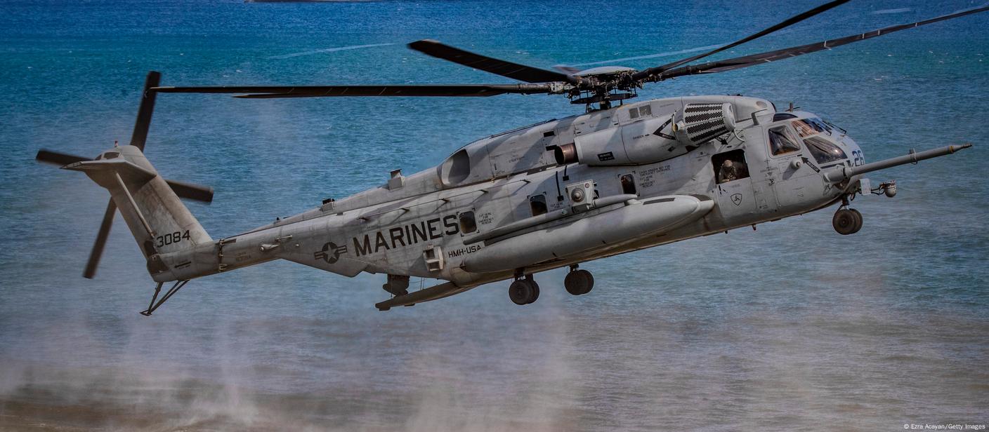 A US Marine CH53 helicopter takes off as US and Philippine marines take part in a joint amphibious assault exercise as part of the annual 'Balikatan' (shoulder-to-shoulder) US-Philippines war exercises