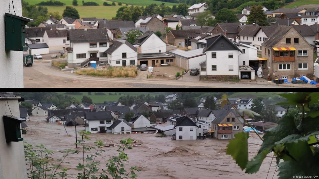 Comparação de lugarejo alemão depois de enchente e um anos mais tarde