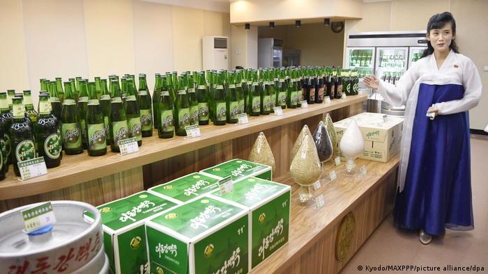 Bottles of North Korea's Taedonggang beer lined up at a factory in Pyongyang