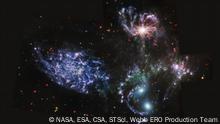 With its powerful, mid-infrared vision, MIRI shows never-before-seen details of Stephan’s Quintet, a visual grouping of five galaxies. MIRI pierced through dust-enshrouded regions to reveal huge shock waves and tidal tails, gas and stars stripped from the outer regions of the galaxies by interactions. It also unveiled hidden areas of star formation. The new information from MIRI provides invaluable insights into how galactic interactions may have driven galaxy evolution in the early Universe.
This image contains one more MIRI filter than was used in the NIRCam-MIRI composite picture. The image processing specialists at the Space Telescope Science Institute in Baltimore opted to use all three MIRI filters and the colours red, green and blue to most clearly differentiate the galaxy features from each other and the shock waves between the galaxies.
In this image, red denotes dusty, star-forming regions, as well as extremely distant, early galaxies and galaxies enshrouded in thick dust. Blue point sources show stars or star clusters without dust. Diffuse areas of blue indicate dust that has a significant amount of large hydrocarbon molecules. For small background galaxies scattered throughout the image, the green and yellow colors represent more distant, earlier galaxies that are rich in these hydrocarbons as well.
Stephan’s Quintet’s topmost galaxy – NGC 7319 – harbors a supermassive black hole 24 million times the mass of the Sun. It is actively accreting material and puts out light energy equivalent to 40 billion Suns. MIRI sees through the dust surrounding this black hole to unveil the strikingly bright active galactic nucleus.
As a bonus, the deep mid-infrared sensitivity of MIRI revealed a sea of previously unresolved background galaxies reminiscent of Hubble’s Deep Fields.
Together, the five galaxies of Stephan’s Quintet are also known as the Hickson Compact Group 92 (HCG 92). Although called a “quintet,” only four of the galaxies are truly close together and caught up in a cosmic dance. The fifth and leftmost galaxy, called NGC 7320, is well in the foreground compared with the other four. NGC 7320 resides 40 million light years from Earth, while the other four galaxies (NGC 7317, NGC 7318A, NGC 7318B, and NGC 7319) are about 290 million light years away. This is still fairly close in cosmic terms, compared with more distant galaxies billions of light years away. Studying these relatively nearby galaxies helps scientists better understand structures seen in a much more distant universe.
This proximity provides astronomers a ringside seat for witnessing the merging of and interactions between galaxies that are so crucial to all of galaxy evolution. Rarely do scientists see in so much exquisite detail how interacting galaxies trigger star formation in each other, and how the gas in these galaxies is being disturbed. Stephan’s Quintet is a fantastic laboratory for studying these processes fundamental to all galaxies.
Tight groups like this may have been more common in the early Universe when their superheated, infalling material may have fueled very energetic black holes called quasars. Even today, the topmost galaxy in the group – NGC 7319 – harbors an active galactic nucleus, a supermassive black hole that is actively pulling in material.
MIRI was contributed by ESA and NASA, with the instrument designed and built by a consortium of nationally funded European Institutes (The MIRI European Consortium) in partnership with JPL and the University of Arizona.